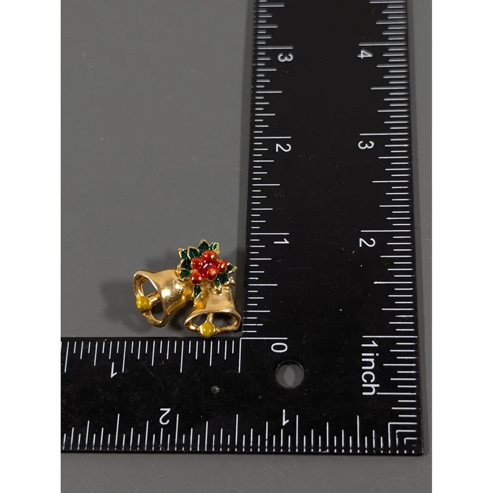 Vintage Double Bell‎ Christmas Brooch Gold Tone Holly Holiday Pin
